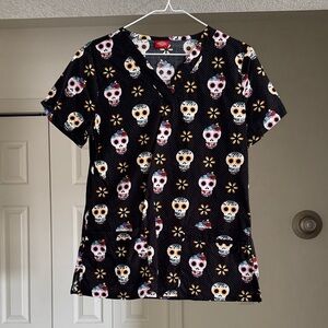 Dickies Day of the Dead Black Scrub Top with Multicolor Logo Accent